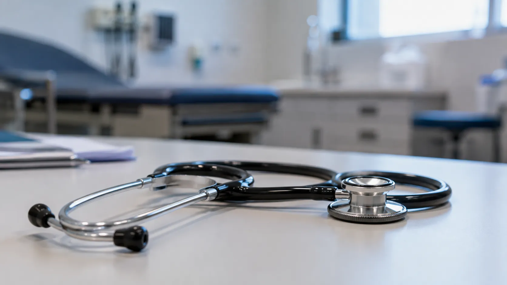 Dual head acoustic stethoscope with tunable diaphragm resting on a clinical examination couch
