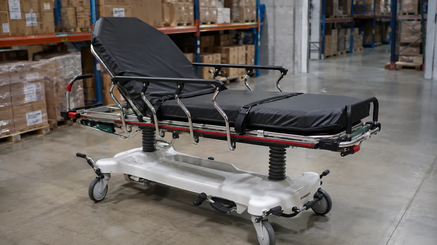 Height adjustable emergency department trolley with side rails, mattress and oxygen cylinder holder