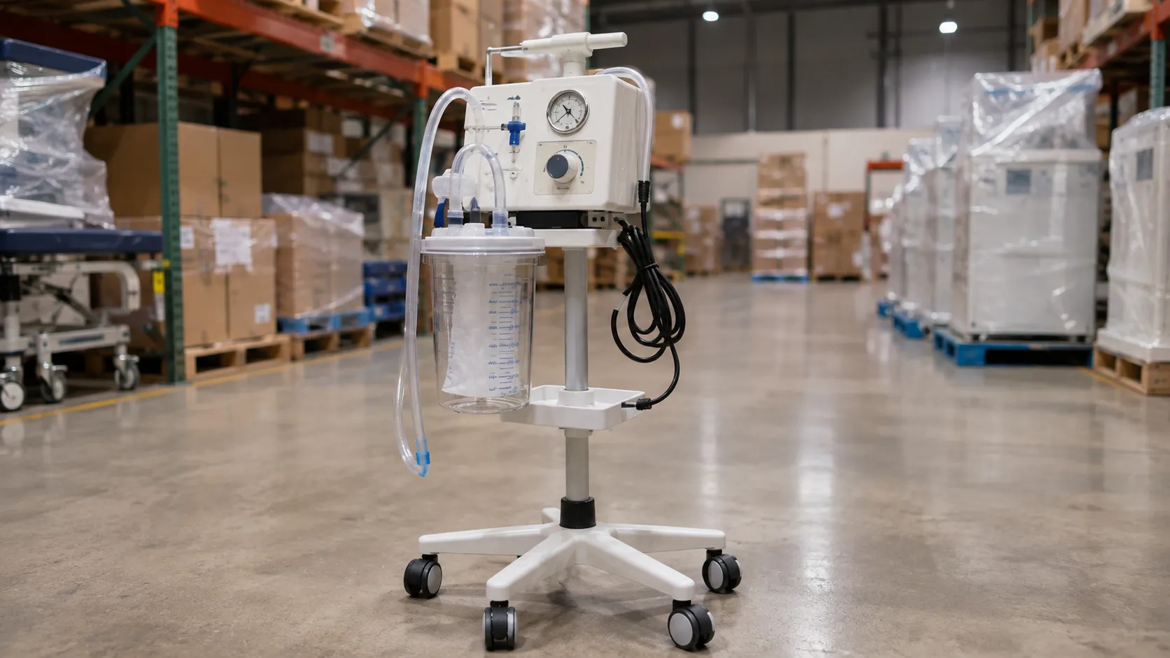 Mobile mains powered suction machine with collection jar and tubing on a hospital trolley