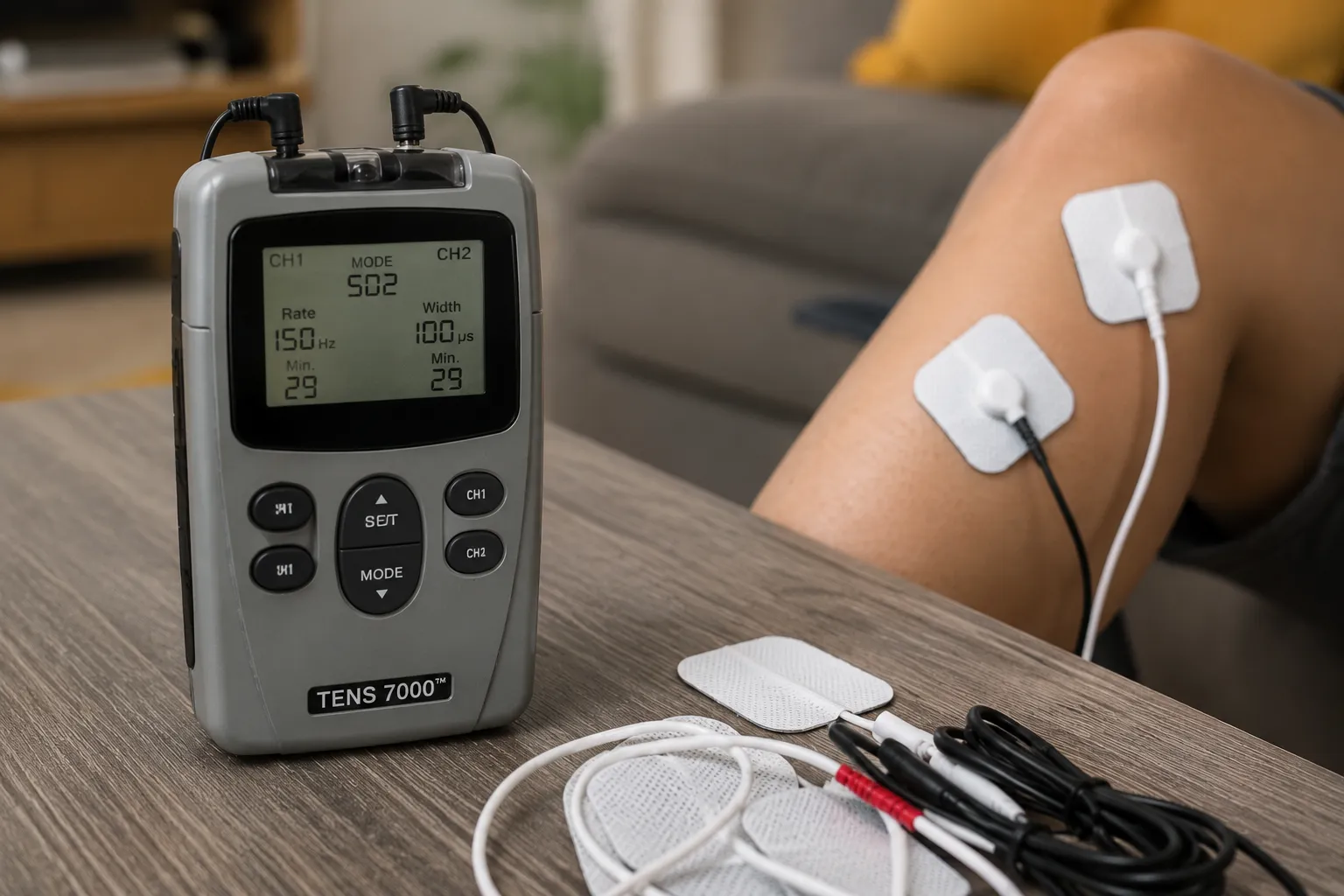 Dual-channel TENS device with electrode pads laid out for transcutaneous pain management