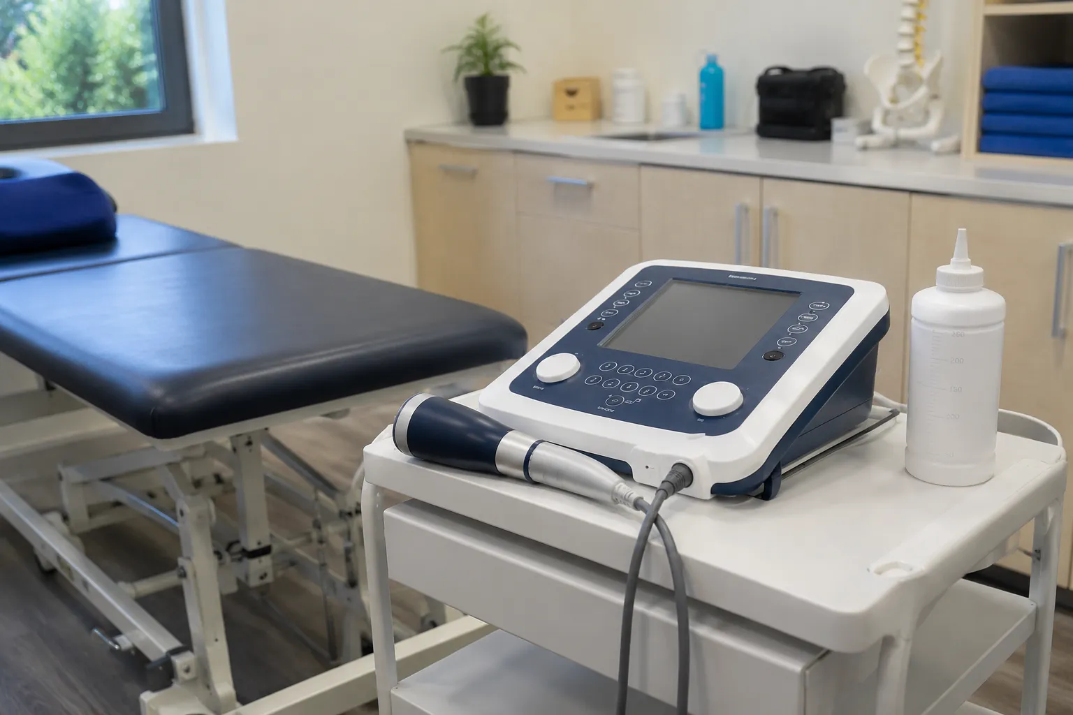 Therapeutic ultrasound unit with treatment applicator and coupling gel in a physiotherapy clinic