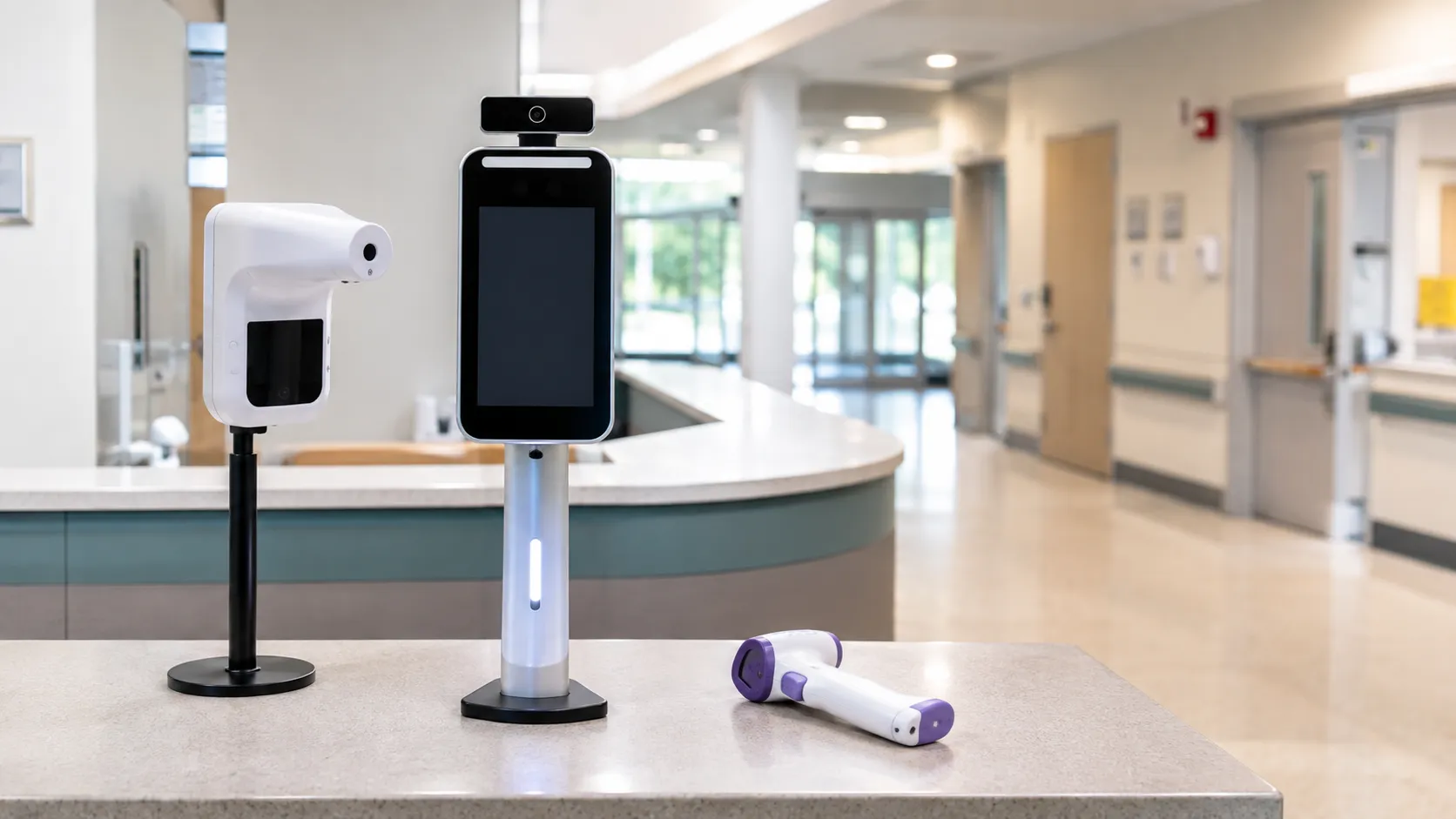 Non-contact infrared forehead thermometer being used at a hospital triage screening point