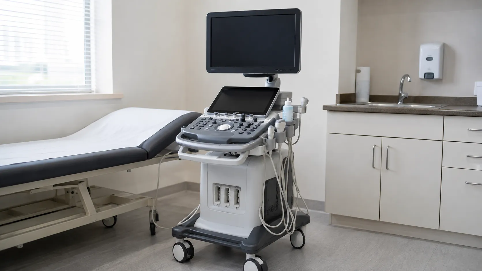 Cart-based diagnostic ultrasound machine with transducer probes and display screen in a clinic room