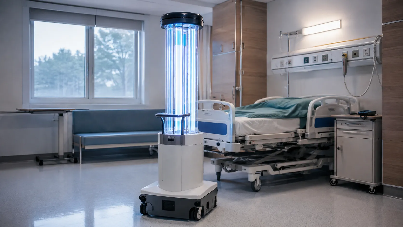 Mobile UV disinfection tower running a decontamination cycle in a vacated hospital room