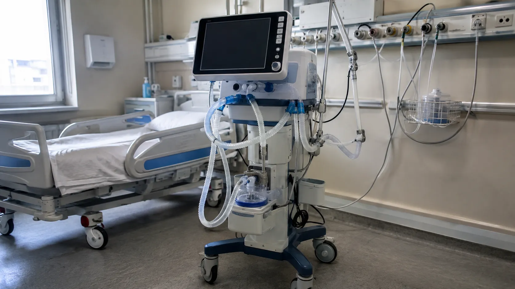 Intensive care ventilator with touchscreen graphics and breathing circuit beside a hospital bed