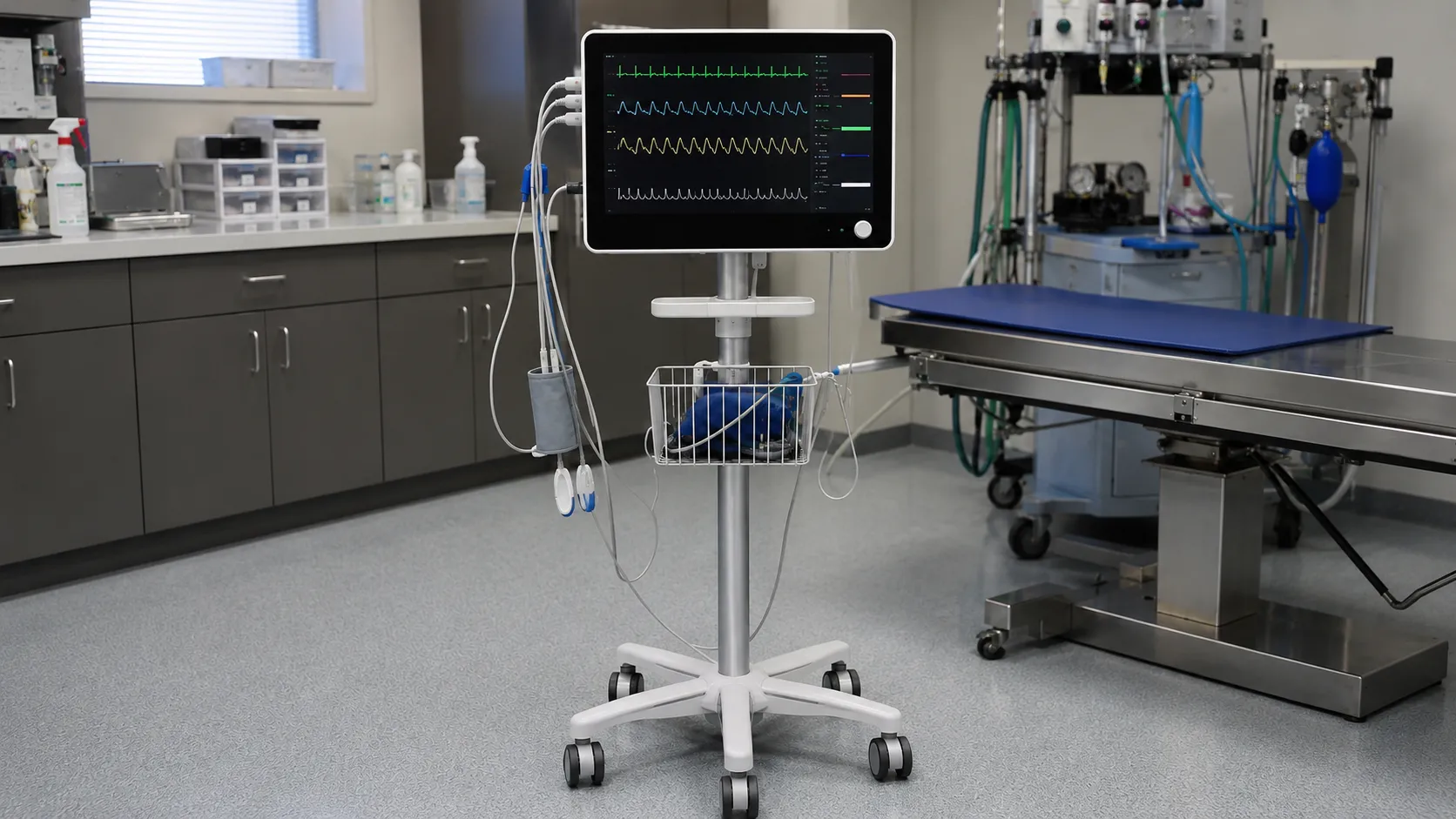 Multiparameter veterinary patient monitor displaying vital signs during an animal surgical procedure