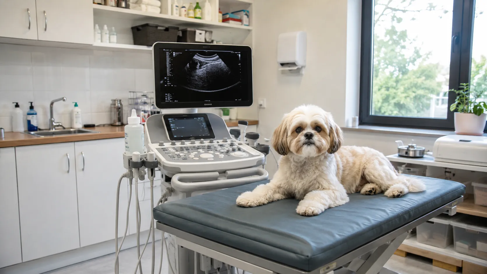Portable veterinary ultrasound system with probe being used on a small animal patient held by a nurs