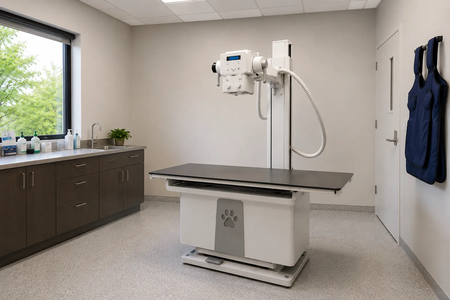 Veterinary X-ray unit with a small animal positioned on the table using positioning aids in a practi