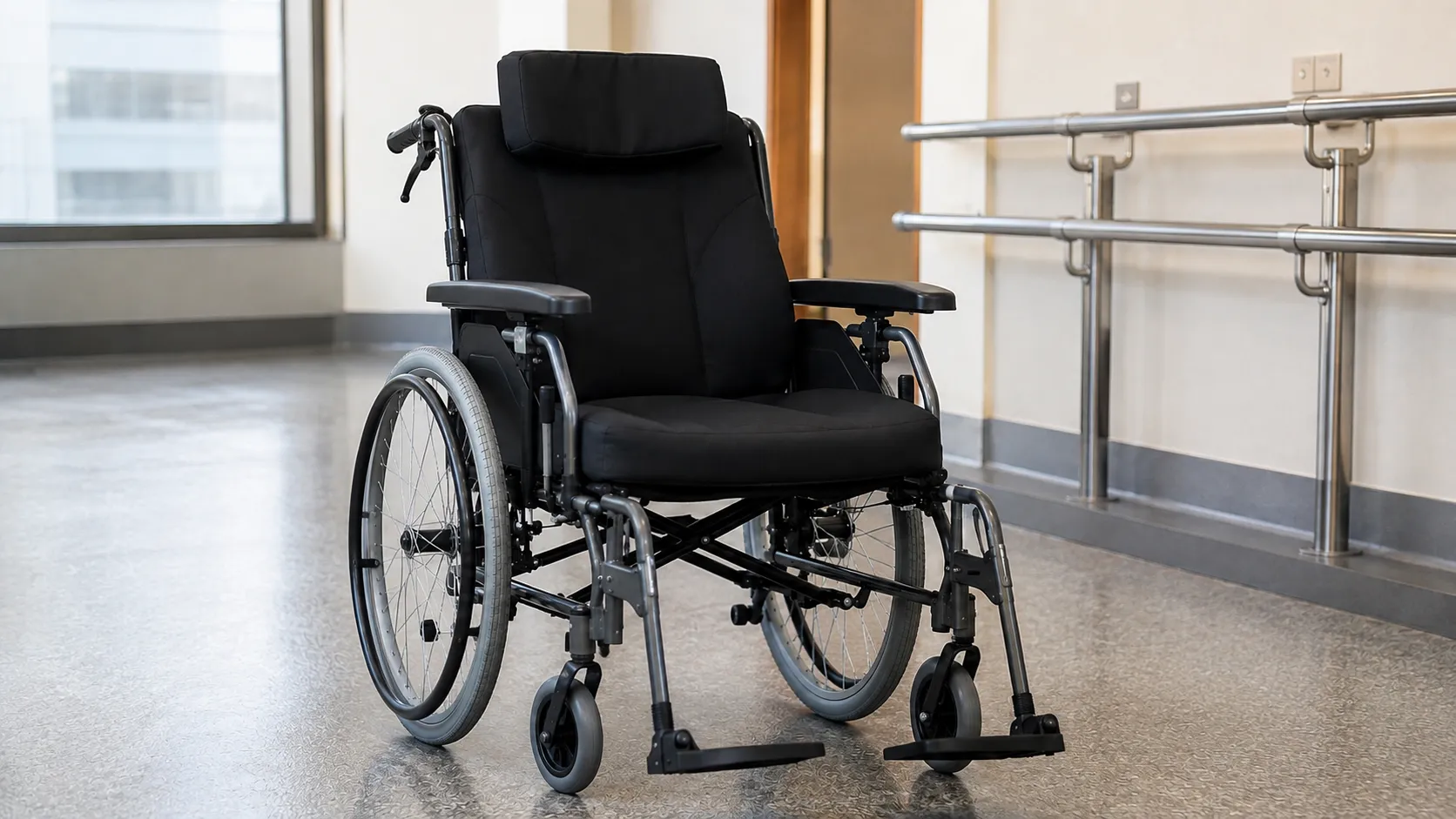 Self propelled manual wheelchair with pressure relief cushion and adjustable footplates