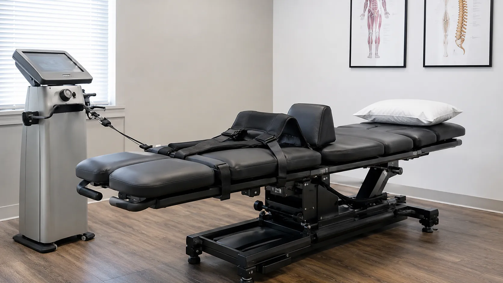 Motorised spinal traction table with split top and pelvic harness in a physiotherapy decompression c