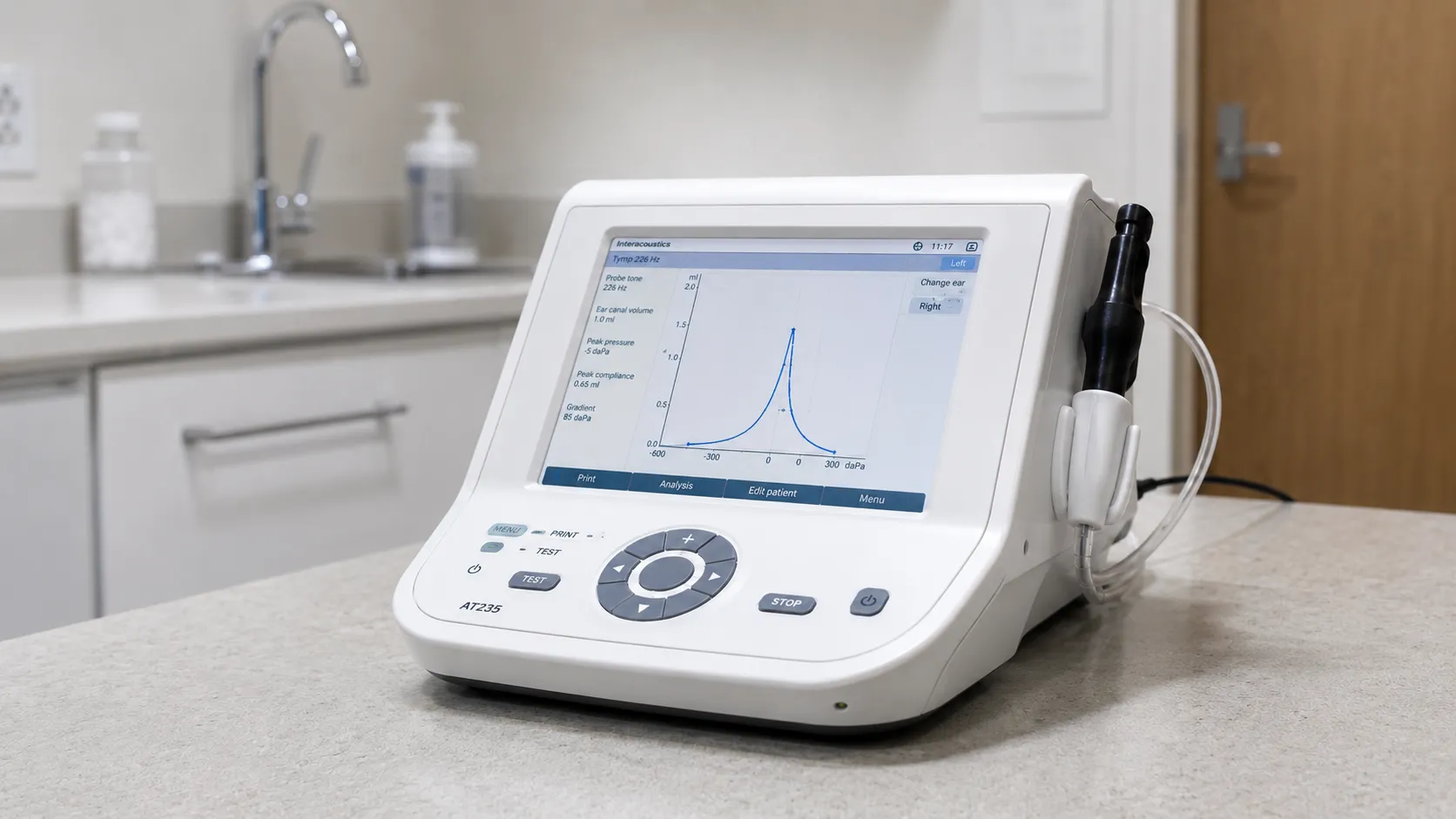 Audiologist performing a tympanometry test on a patient with a handheld tympanometer probe