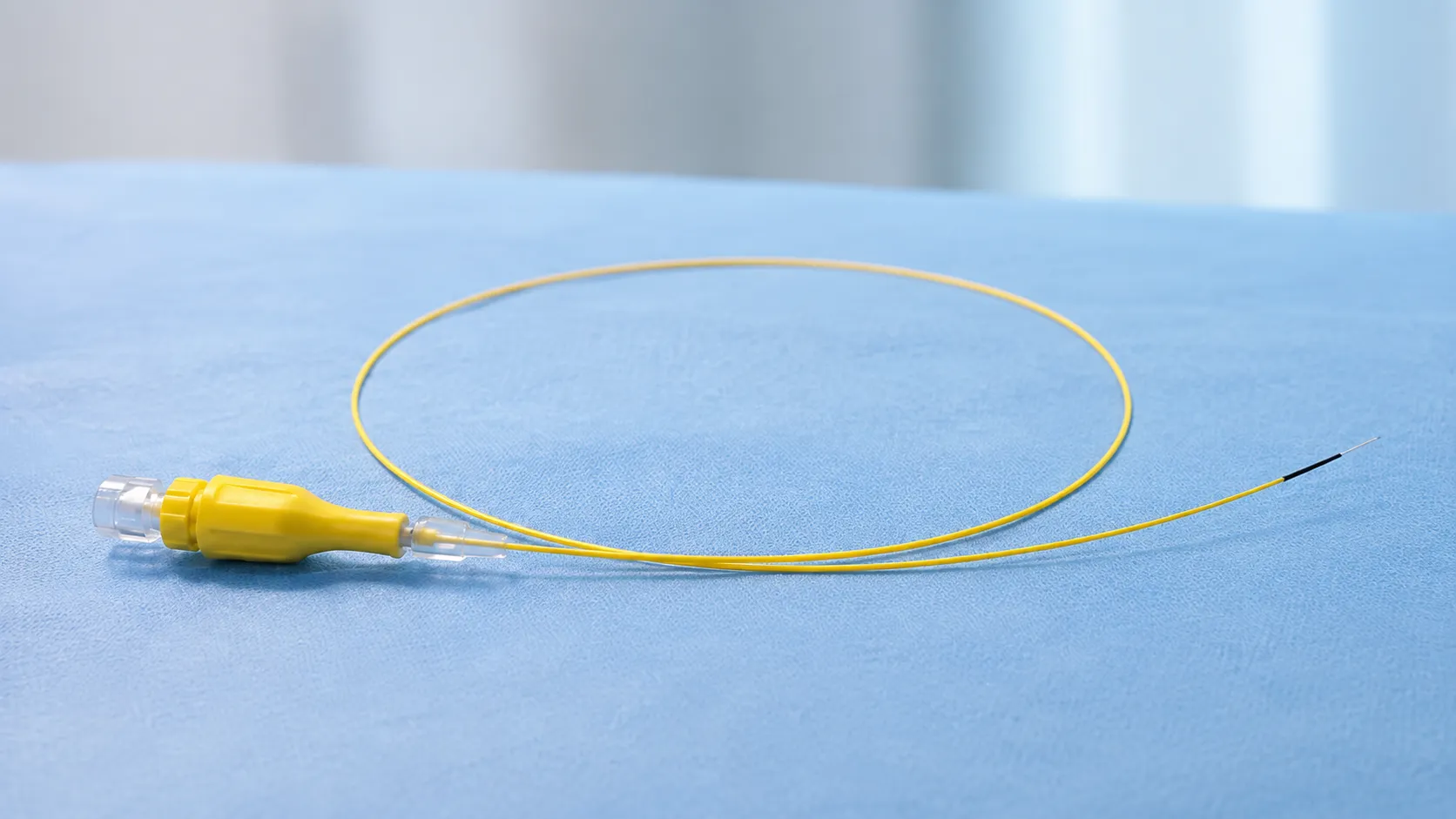 Laser fibre passed through a flexible ureteroscope touching a kidney stone during endoscopic laser f