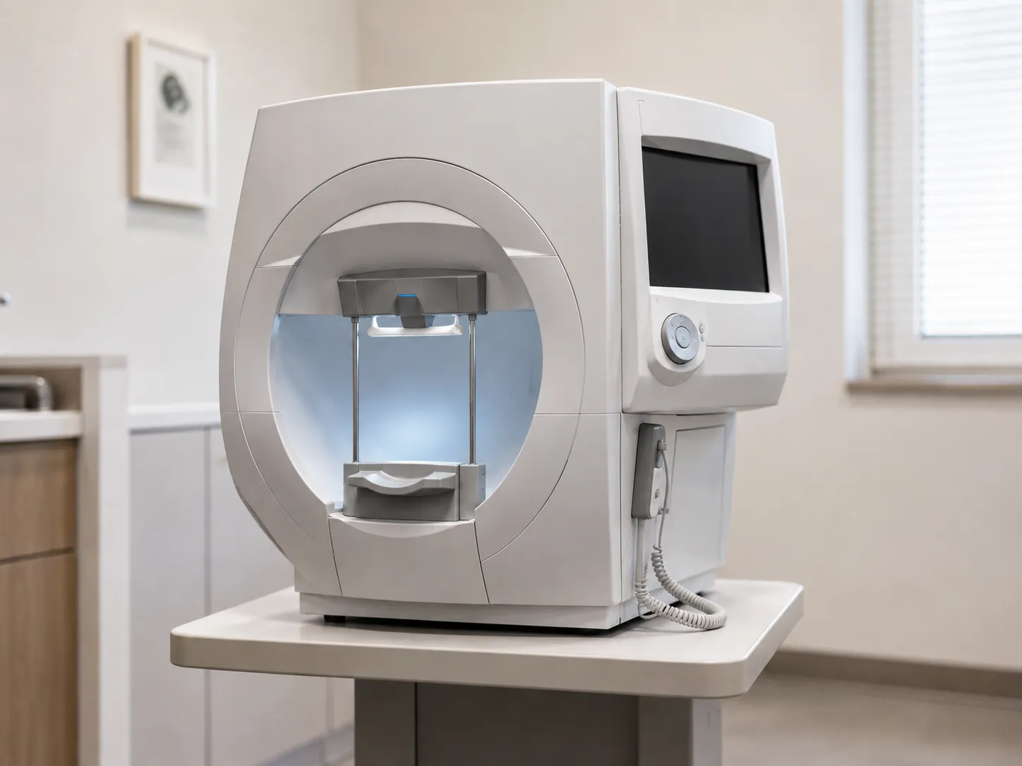 Optometrist positioning a patient at a bowl-type visual field analyser in a clinic room