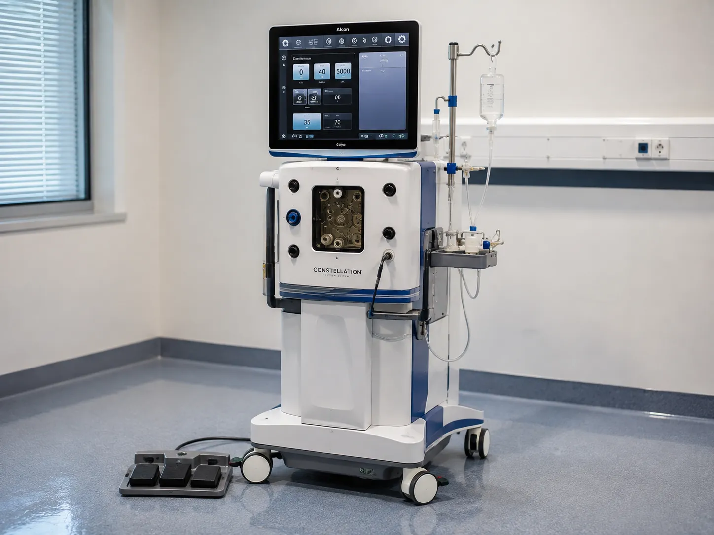 Vitreoretinal surgeon operating a vitrectomy console with a cutter and endoillumination probe during