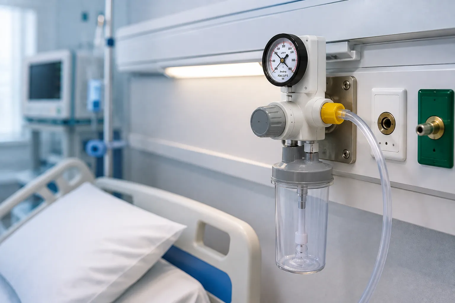 Wall-mounted suction regulator with collection canister beside a hospital patient bed.