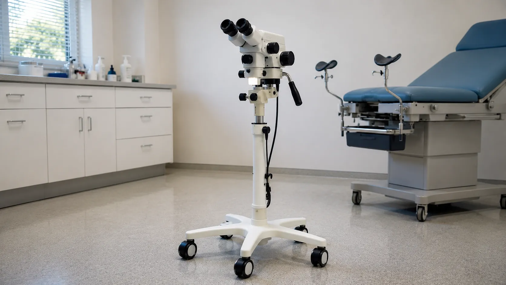 Gynaecologist using a video colposcope to examine the cervix during a colposcopy clinic examination