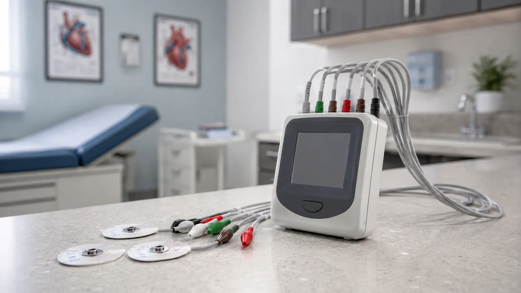 Patient wearing a small Holter monitor recorder with chest electrodes during a normal day