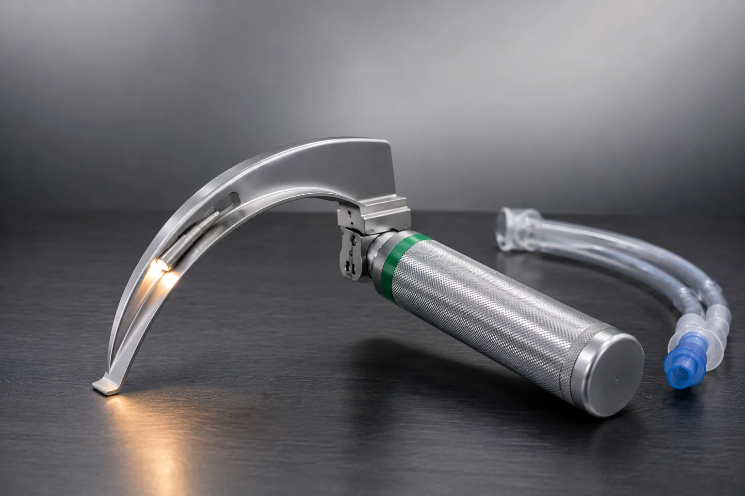 Clinician holding a video laryngoscope beside an intubation trolley in a hospital theatre