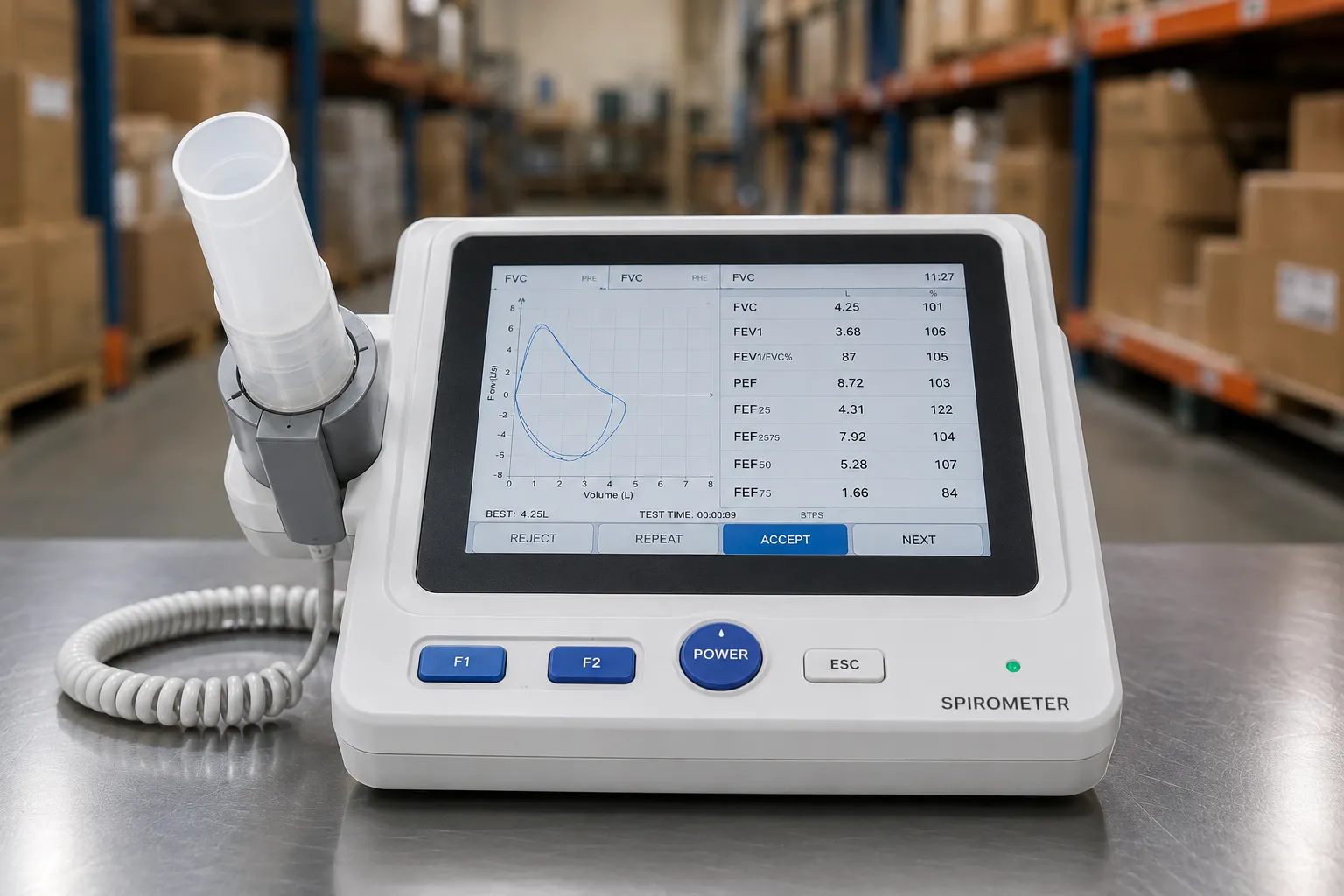 Patient blowing into a handheld spirometer mouthpiece while a nurse reviews the flow-volume curve