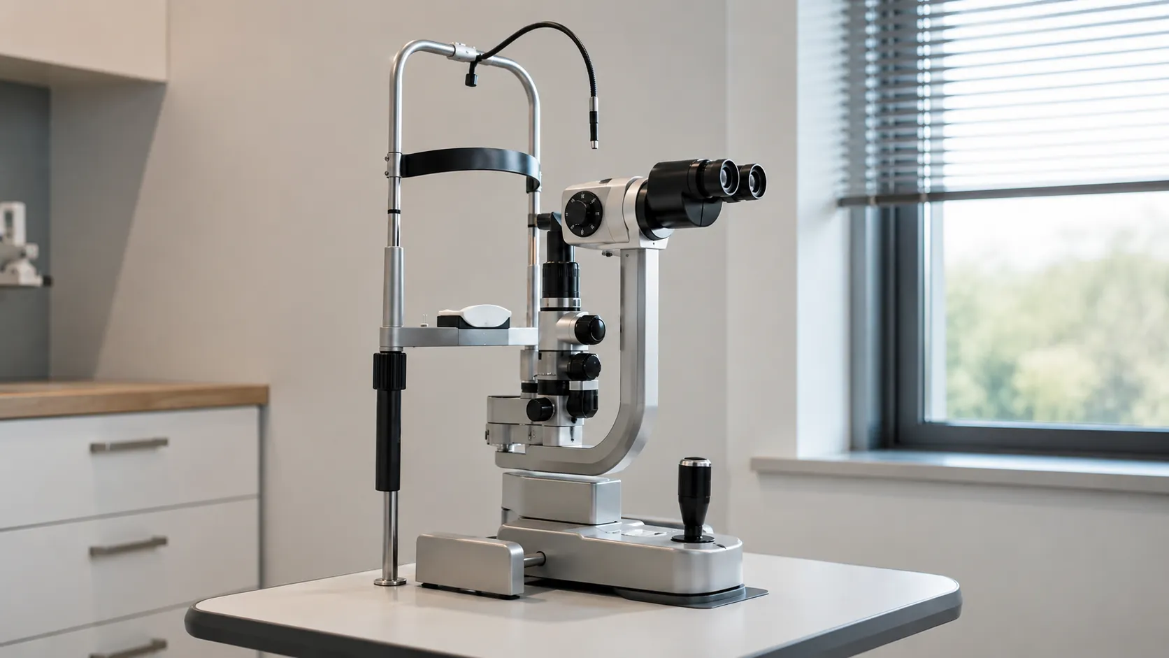 Clinician using a slit-lamp tonometer to measure a patient's intraocular eye pressure in an eye clin