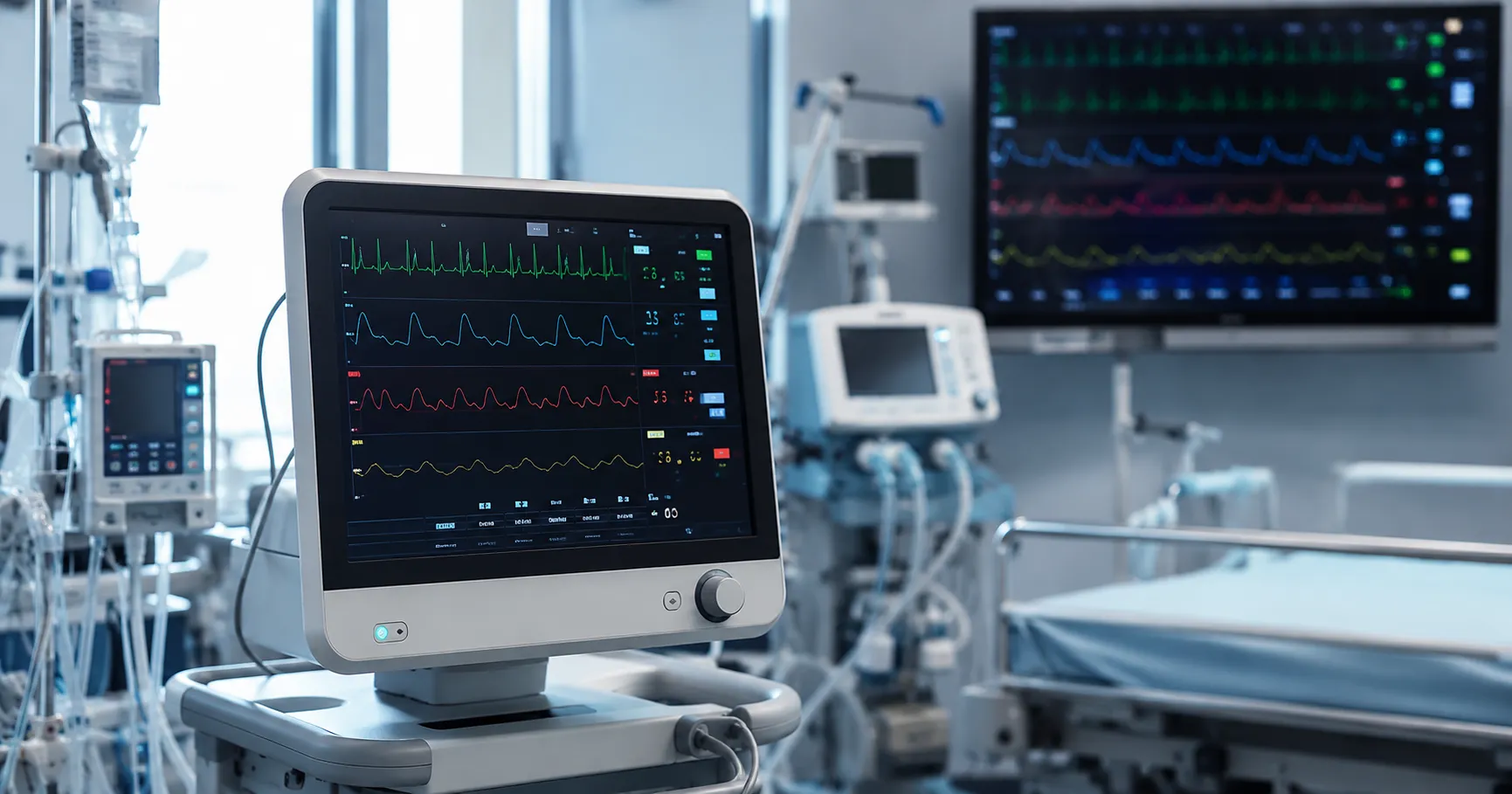 Clinical engineer reviewing alarm limit settings on a patient monitor to reduce nuisance alarms on a