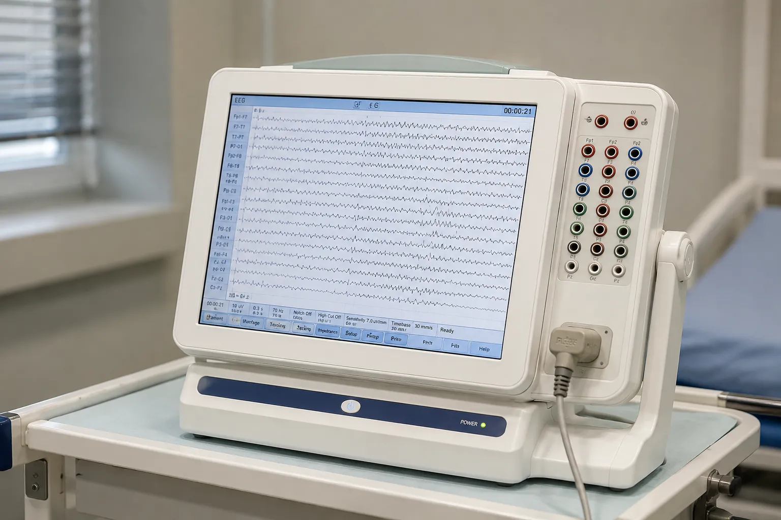 A technician fitting an electrode cap to a patient to record brainwave activity on an EEG machine
