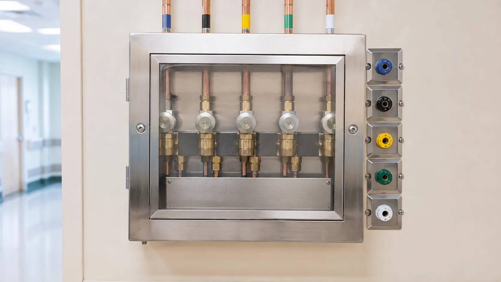 Area valve service unit with break-glass front, shut-off valves and pressure gauges for hospital med