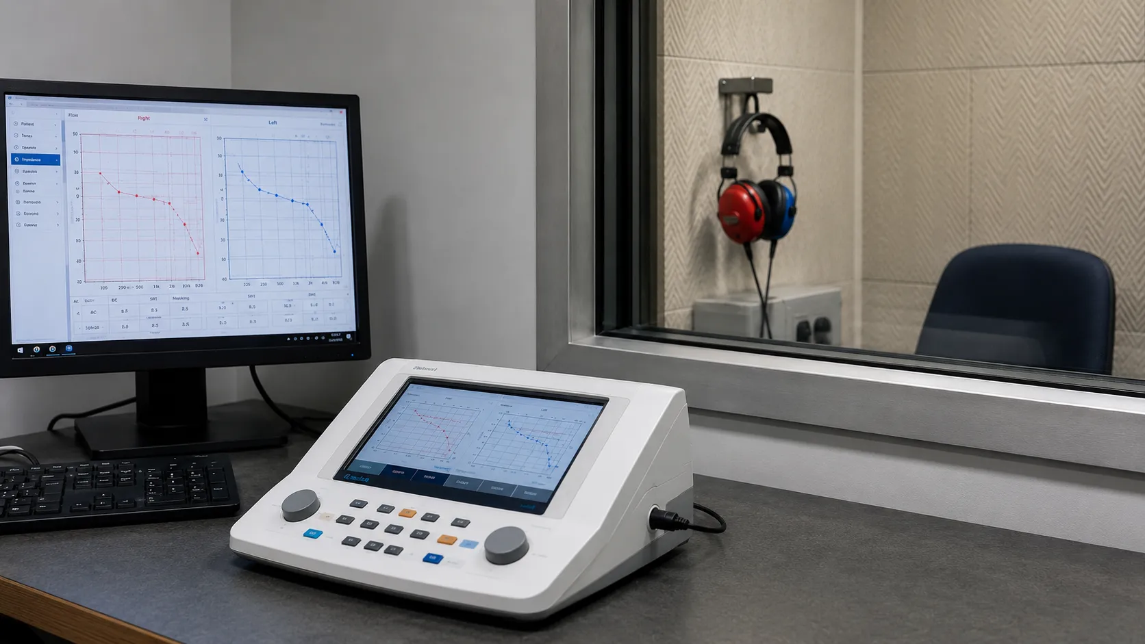 Audiologist testing a patient wearing headphones inside a sound-treated audiometry booth