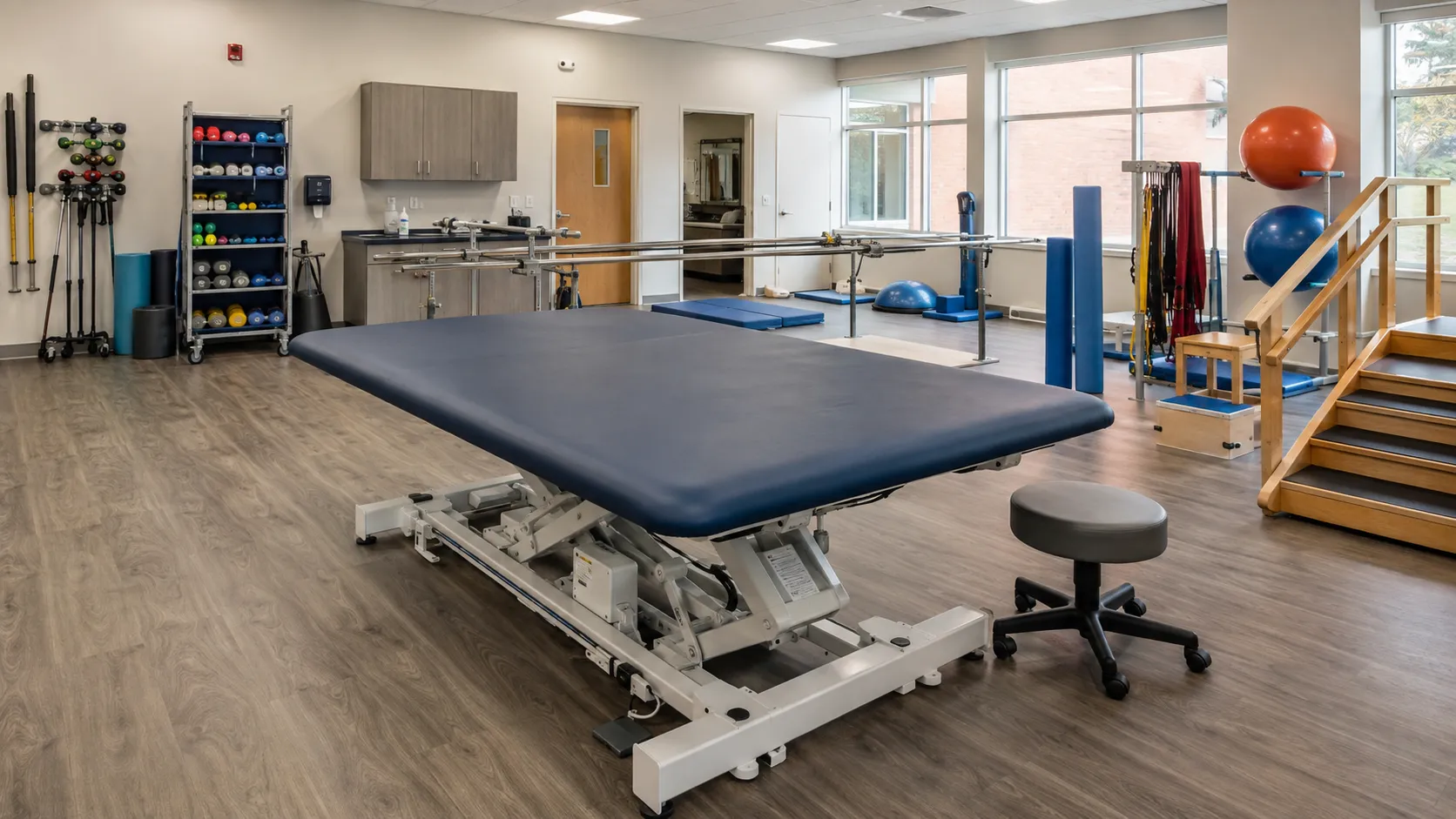 Physiotherapist facilitating a stroke patient on a wide low Bobath rehabilitation platform in a neur