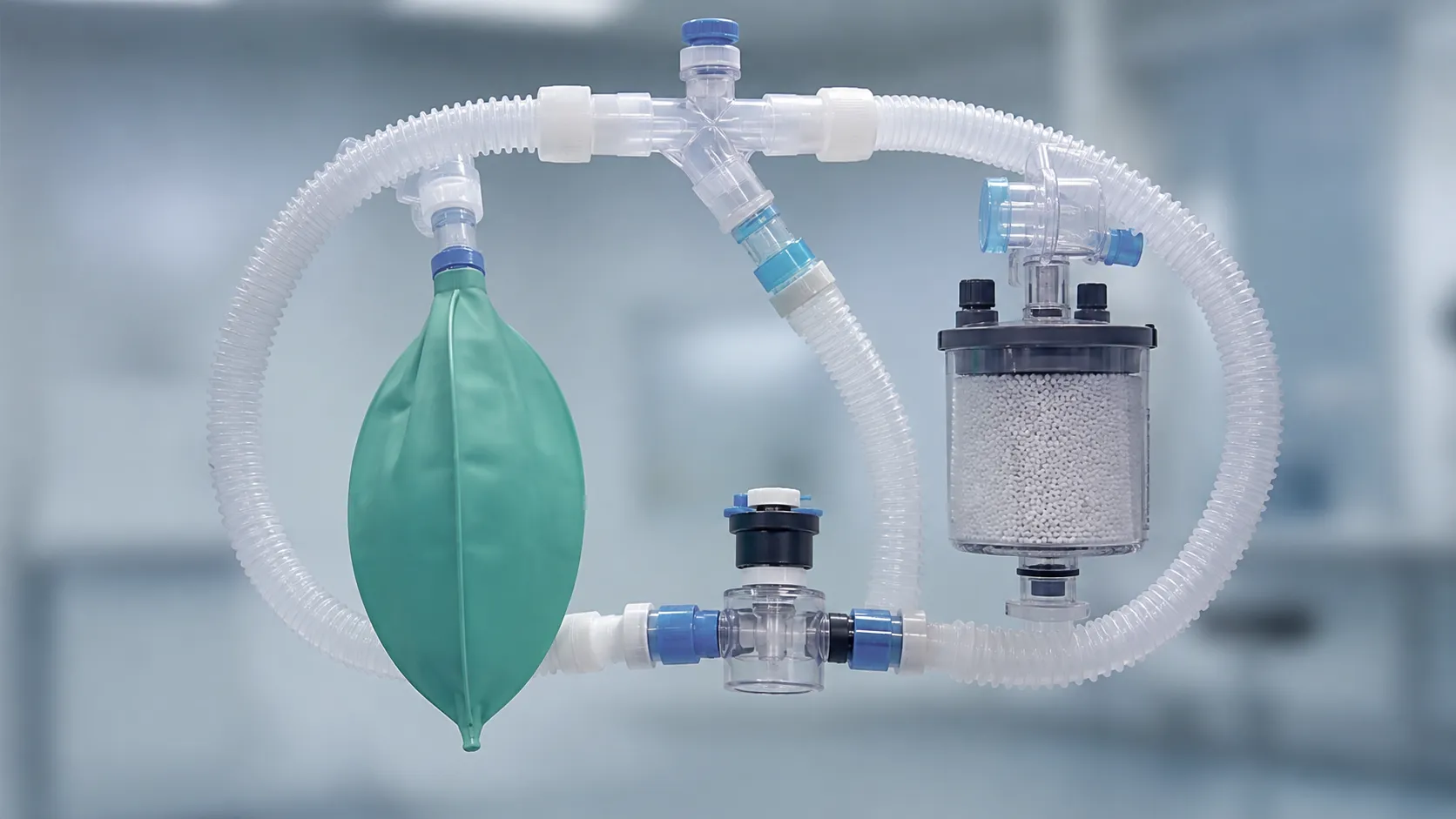 Circle absorber breathing system on an anaesthetic machine showing paired unidirectional valves, a s