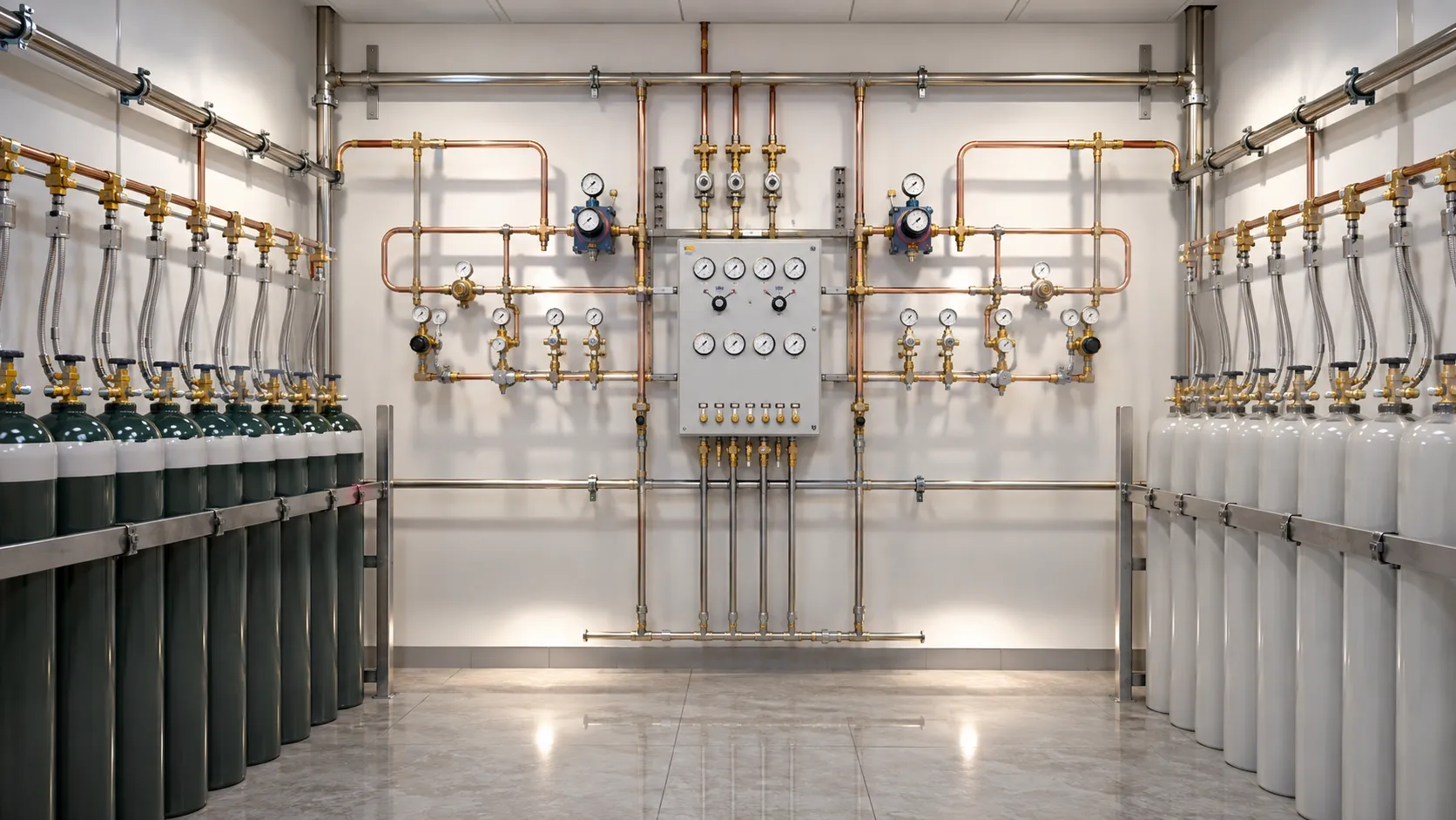 Medical gas cylinder manifold with duty and standby banks and automatic changeover control panel