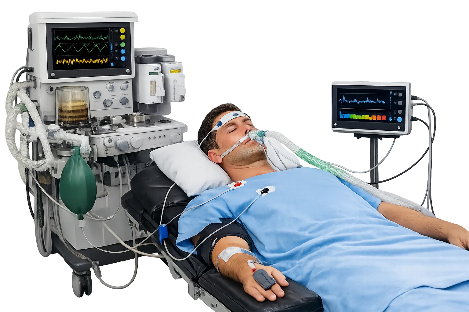 Anaesthetist watching a depth-of-anaesthesia monitor with a forehead sensor on a patient during surg