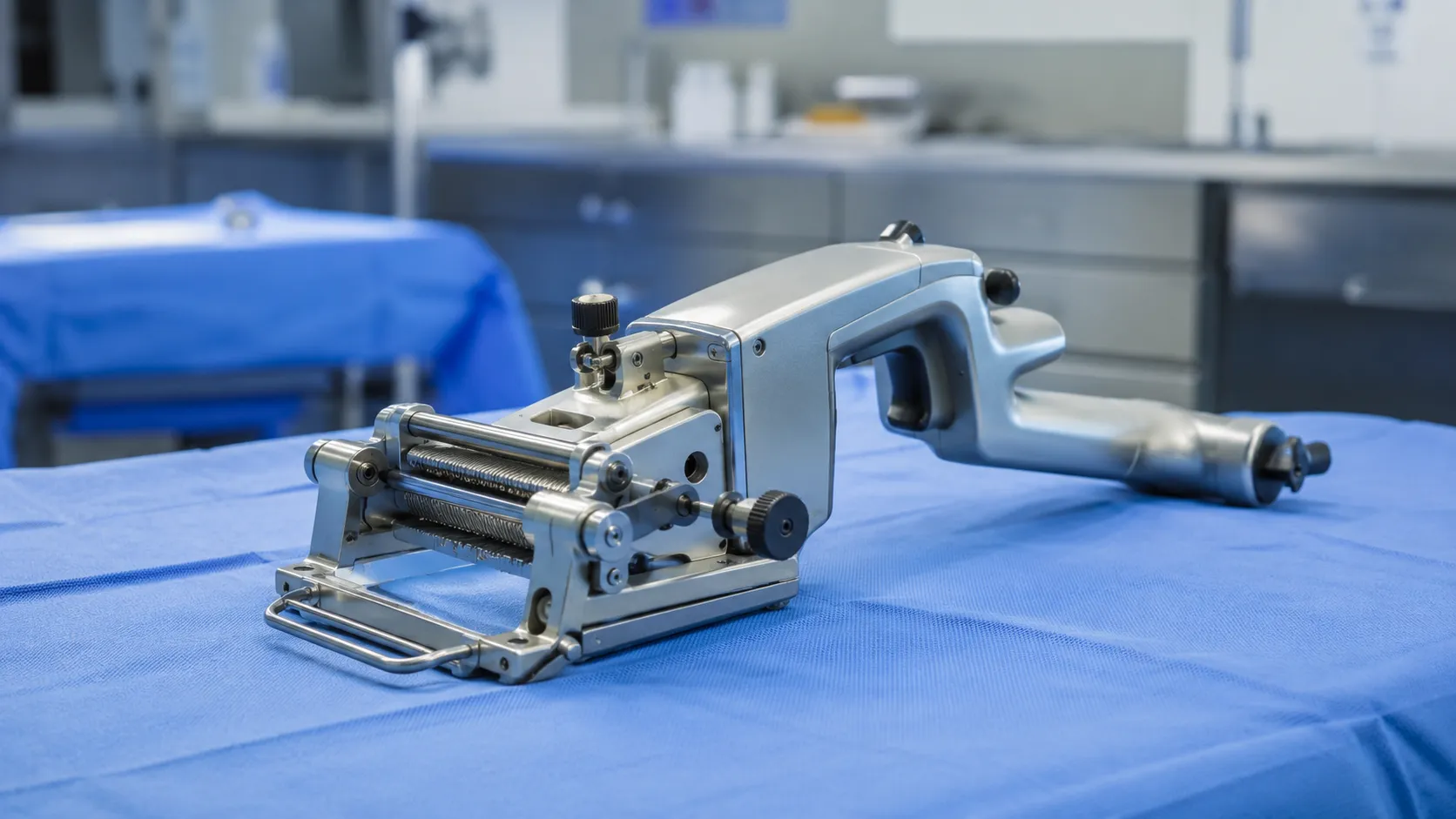 Surgeon using a powered dermatome to harvest a split-thickness skin graft from a donor site in a bur