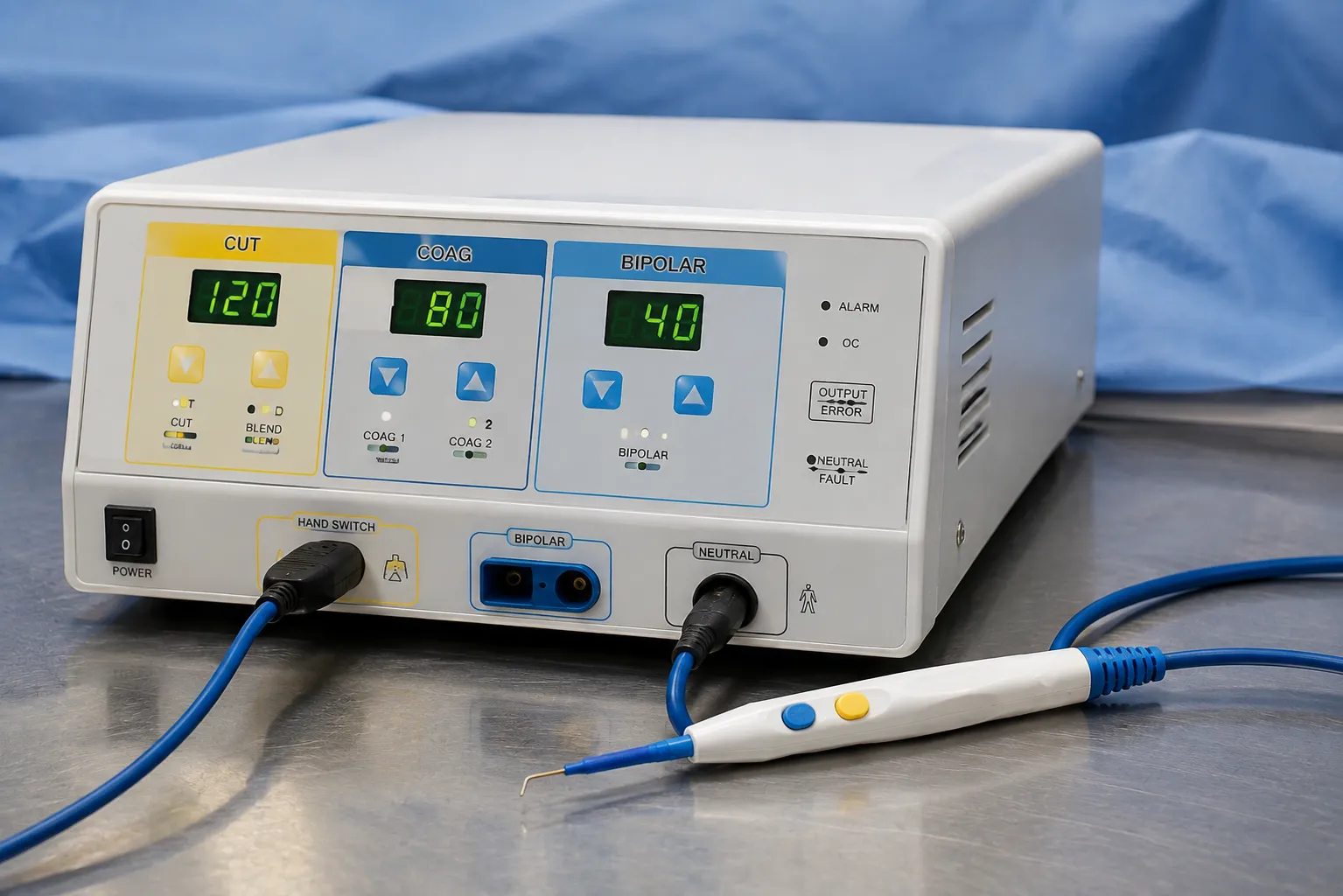 Surgical team using a monopolar electrosurgery pencil connected to a diathermy generator during an o