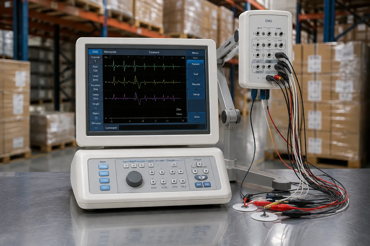 Neurophysiologist recording a muscle signal with a concentric needle electrode during an electromyog