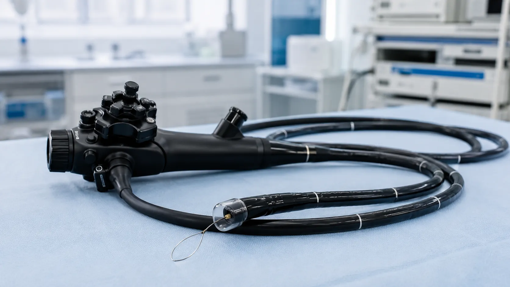 Flexible endoscope performing endoscopic mucosal resection with a snare capturing a lifted colonic l