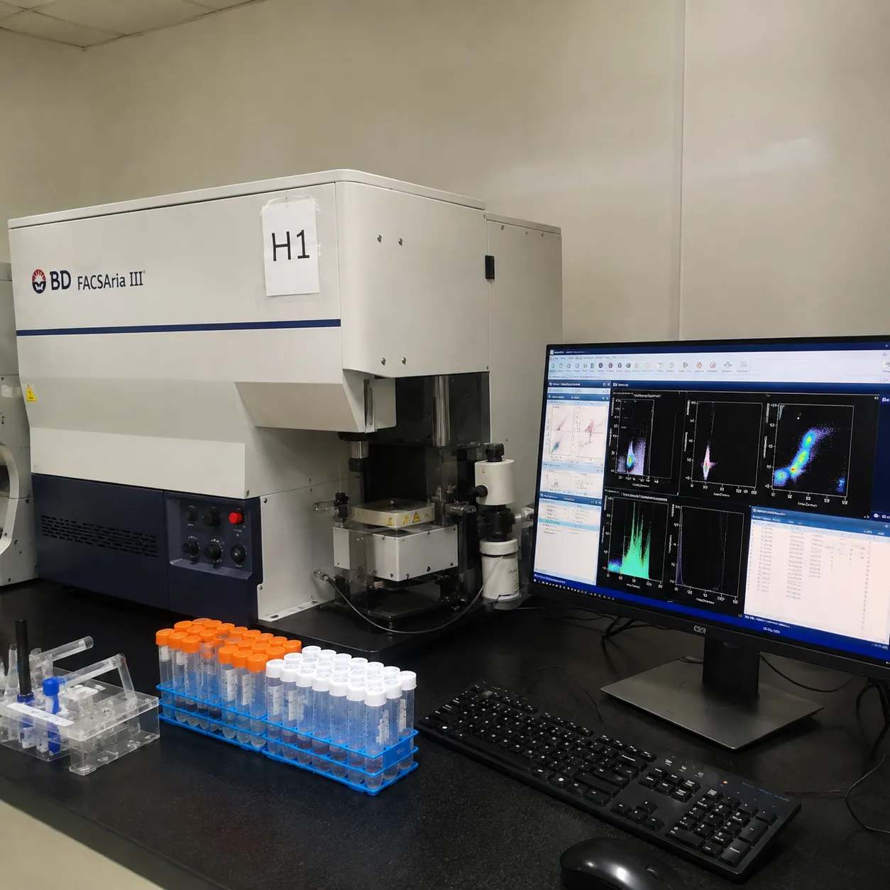 Flow cytometer with laser optics and a tube of stained cell suspension in a research pathology labor