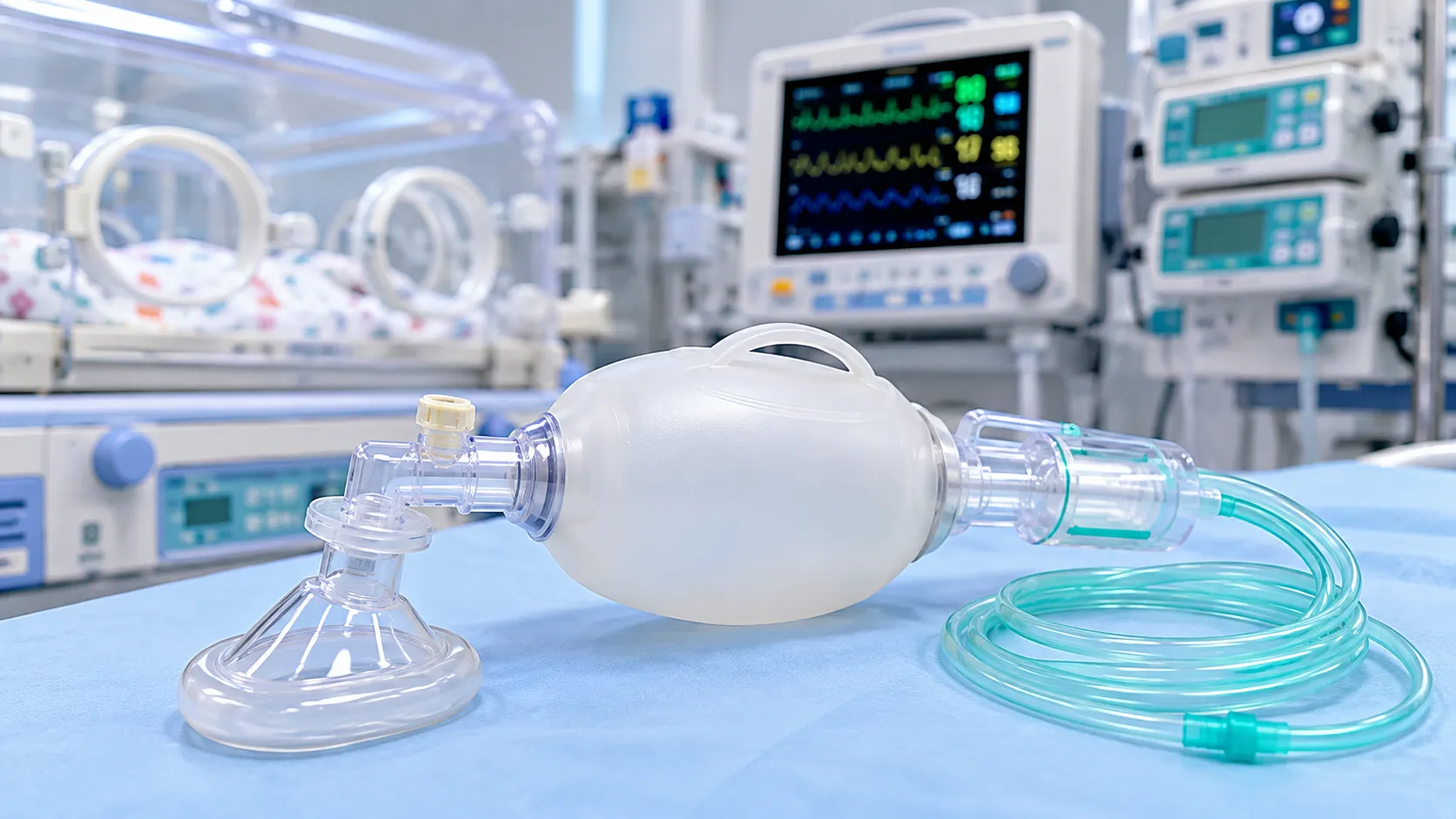 Neonatal flow-inflating anaesthesia bag with manometer and mask connected to an air-oxygen blender i