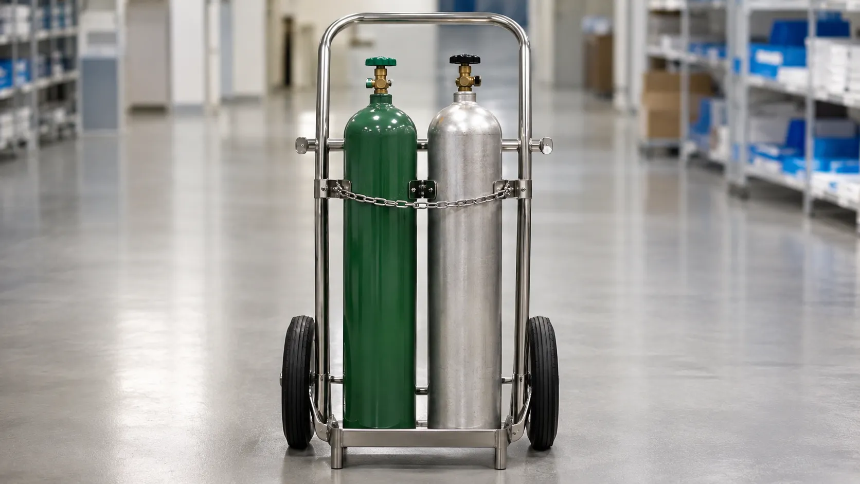 A stainless steel single-cylinder trolley holding an oxygen cylinder secured with a retaining chain 