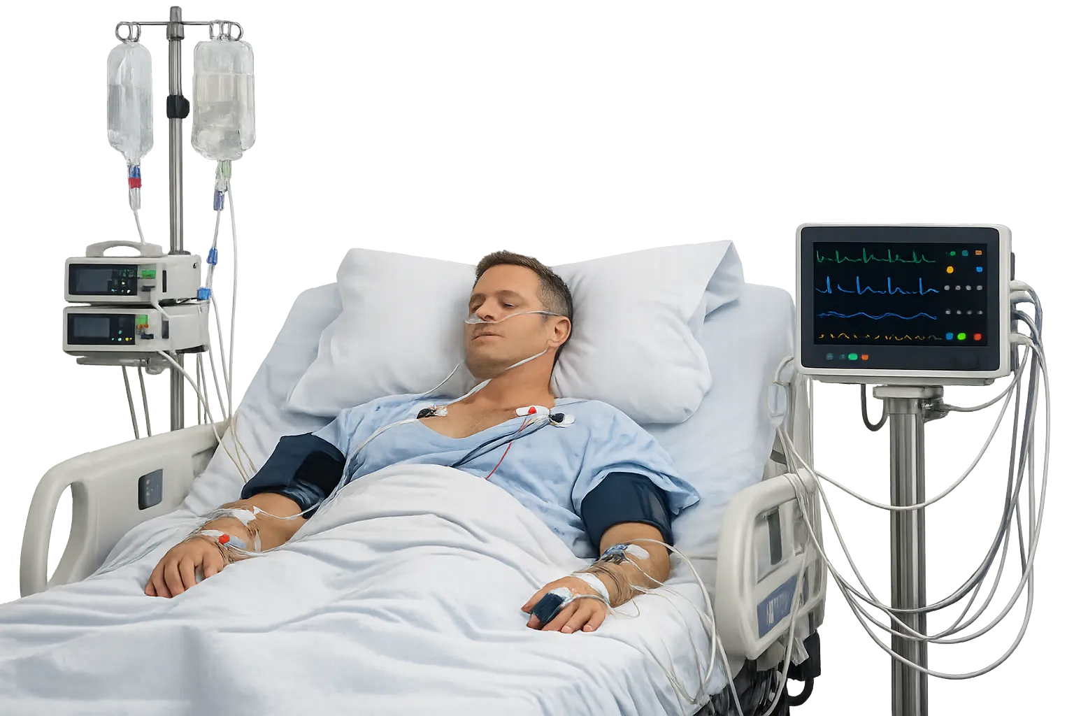 Multiparameter bedside monitor showing blood pressure and heart rate trends beside a patient in a cr