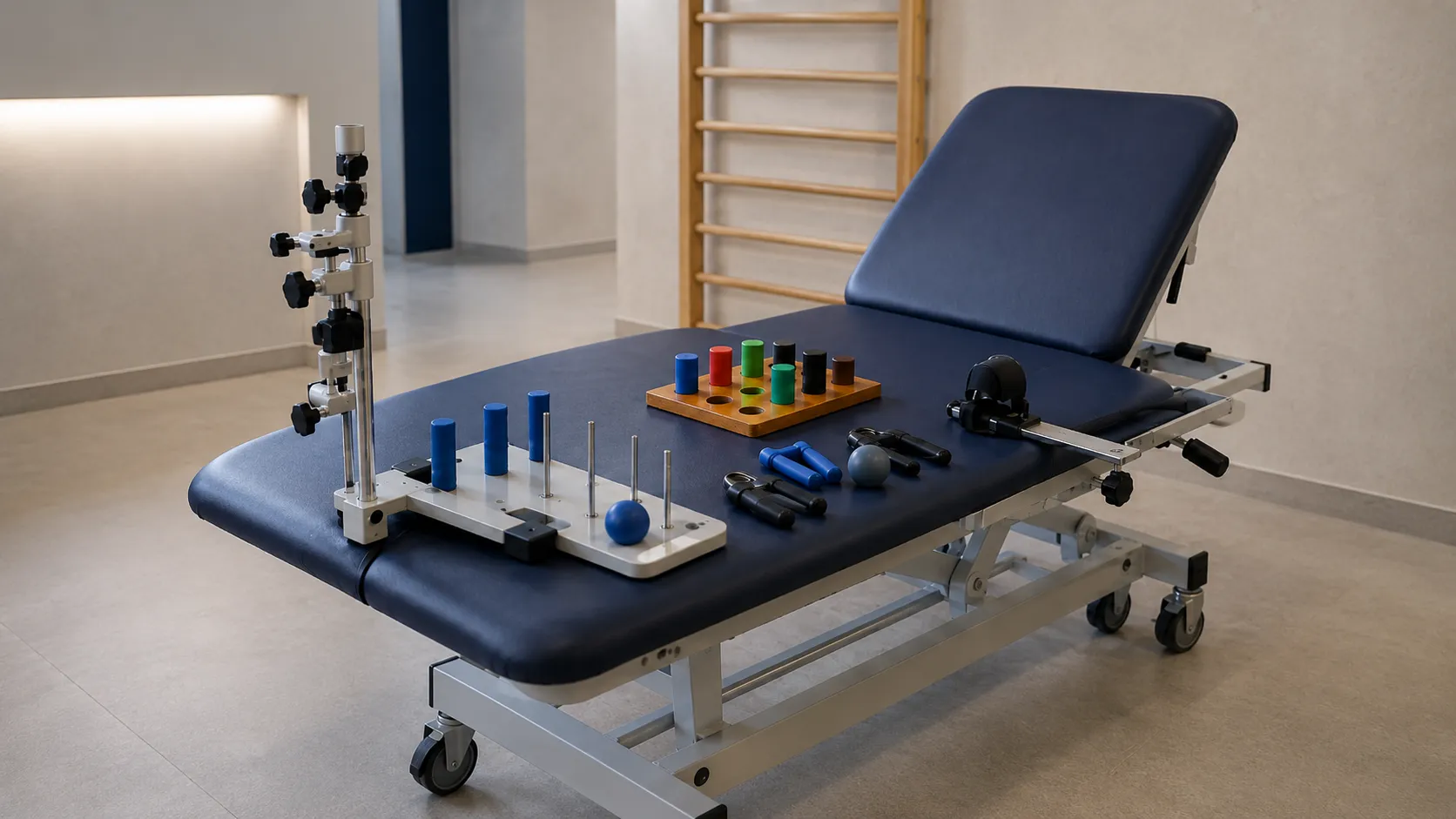 Occupational therapist and patient seated at a height-adjustable hand therapy table doing grip 