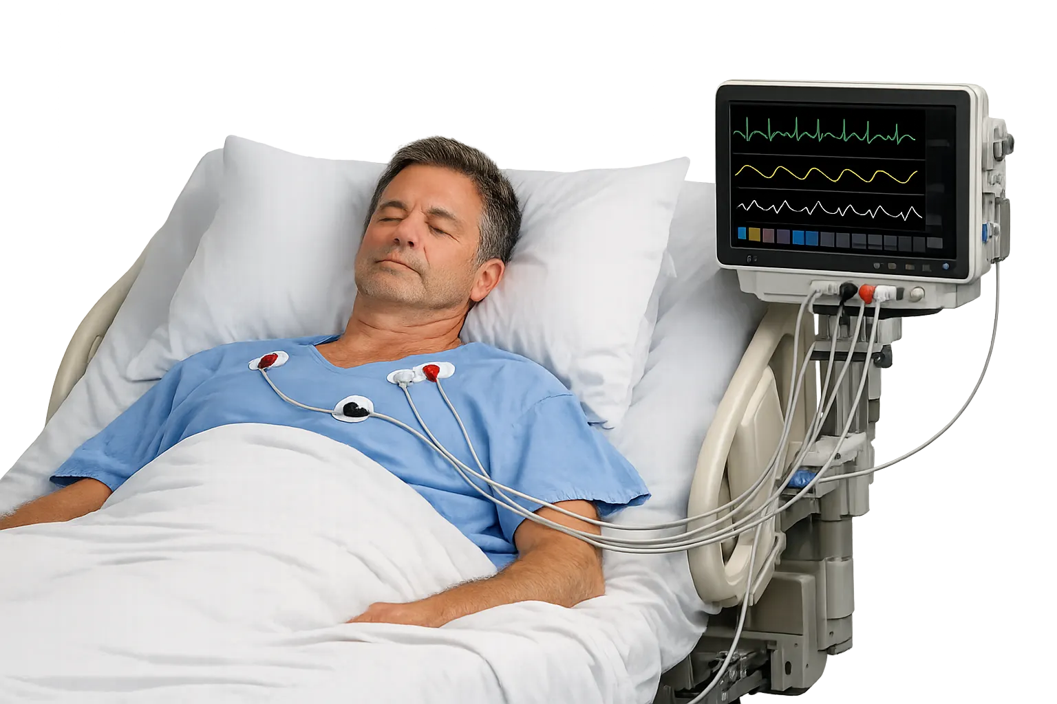 Bedside patient monitor showing a respiration waveform derived from chest ECG electrodes on a ward p
