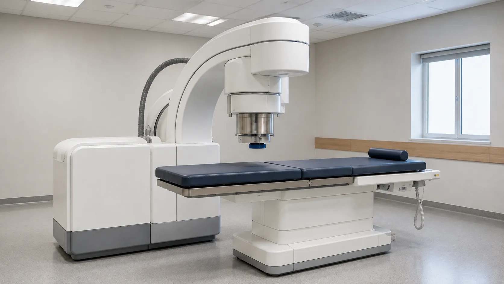 Patient positioned on an extracorporeal shockwave lithotripsy table with the shockwave head coupled 