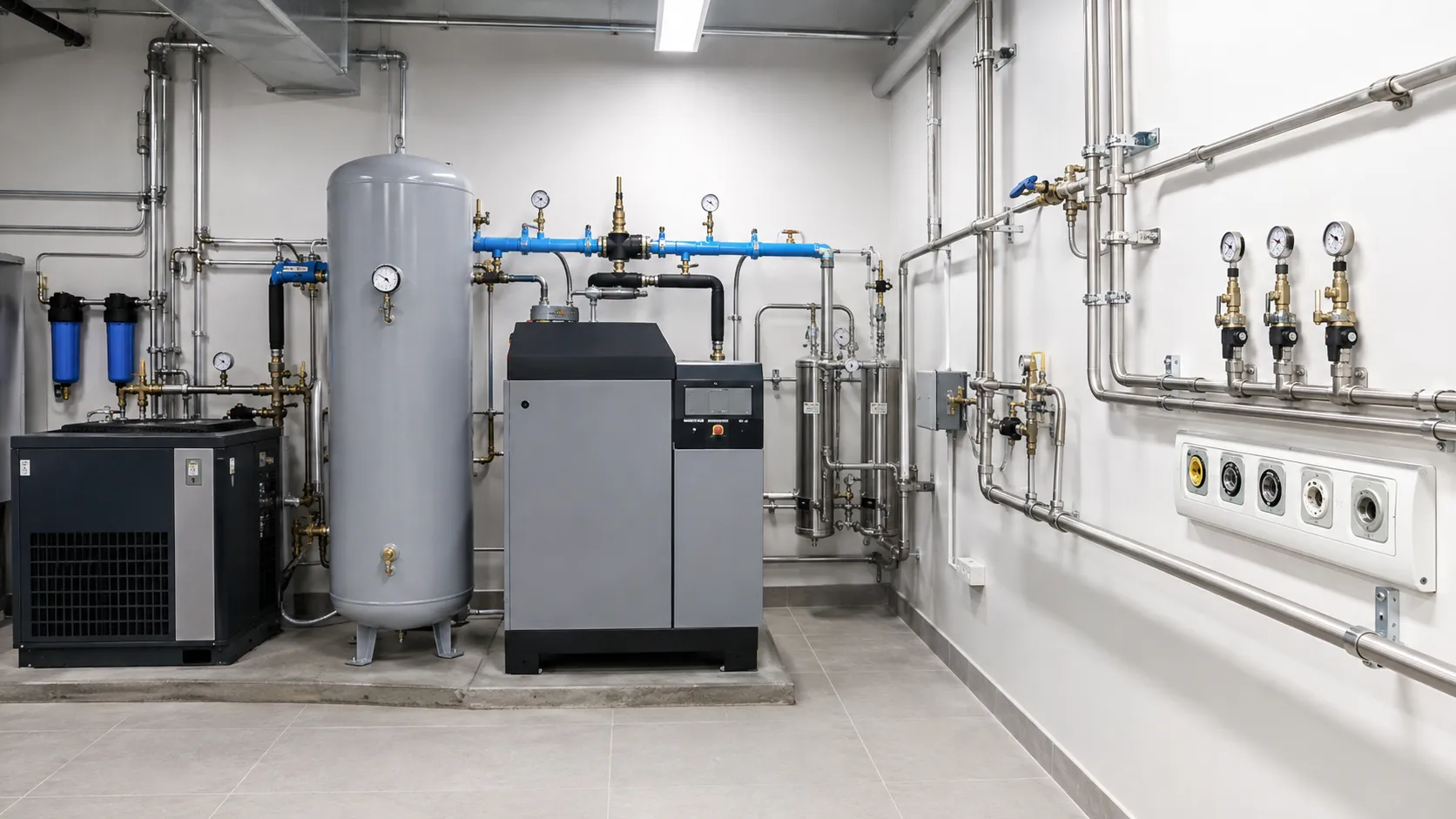 Medical air plant with compressors, tanks, filters, and pipelines.