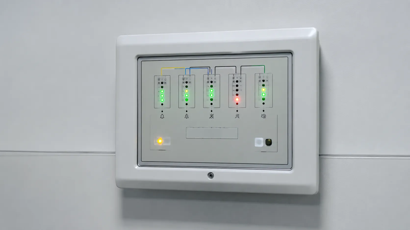 Wall-mounted medical gas alarm panel showing oxygen and vacuum pressure status in a hospital corrido
