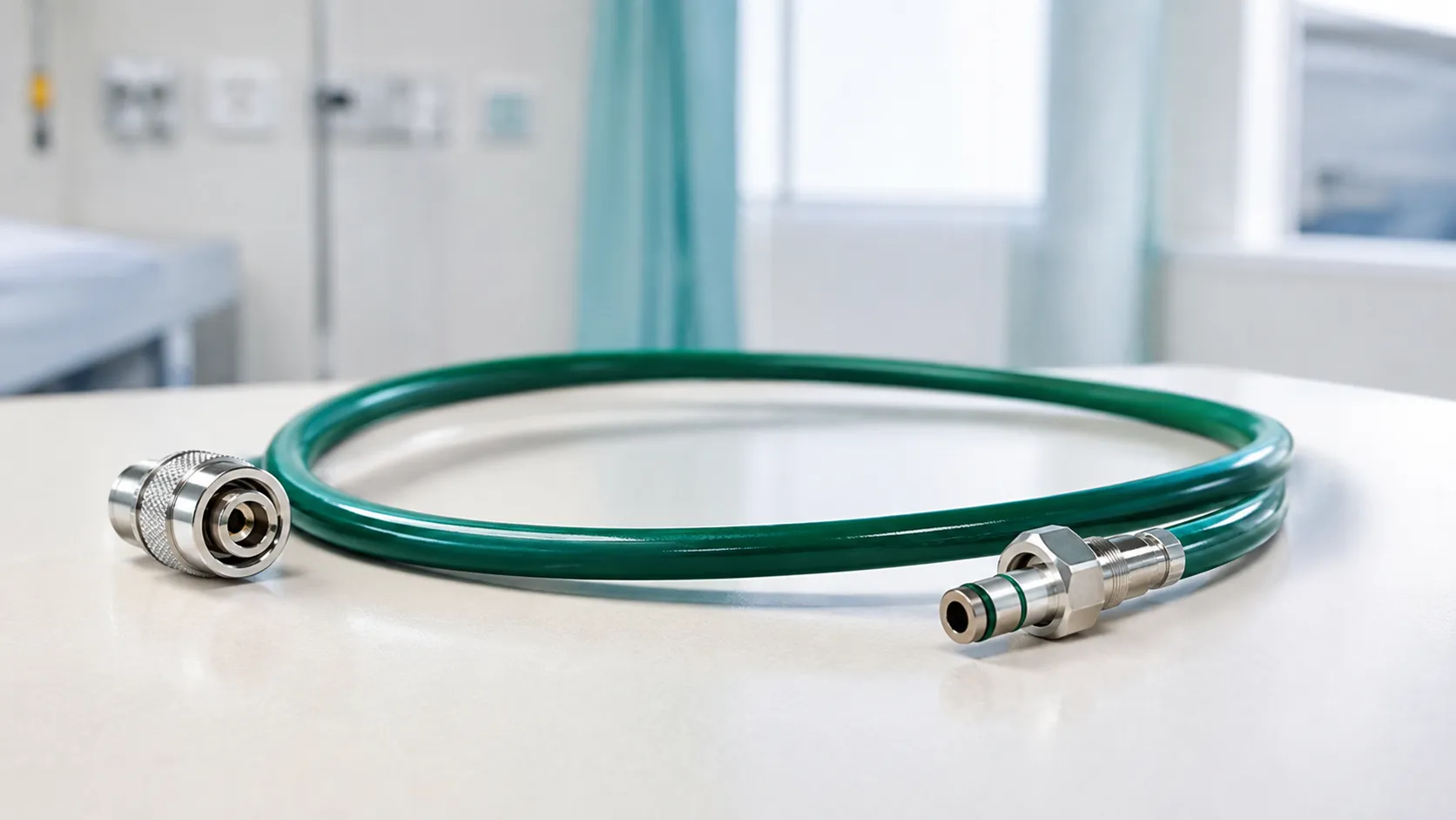 Colour-coded medical gas hose assemblies with NIST connectors linking a flowmeter to wall terminal u