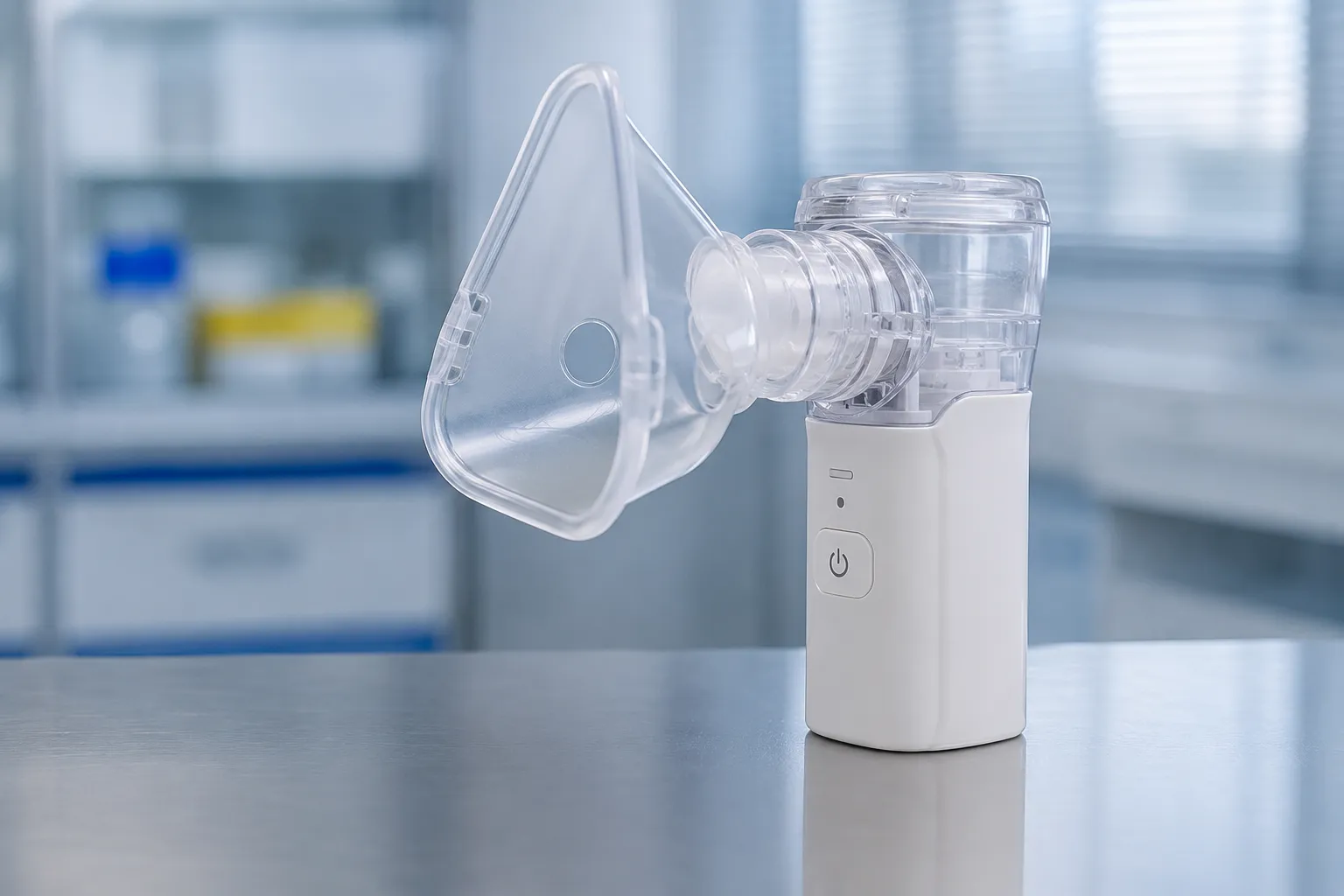 Handheld vibrating-mesh nebuliser with medication cup delivering aerosol to a seated patient on a wa