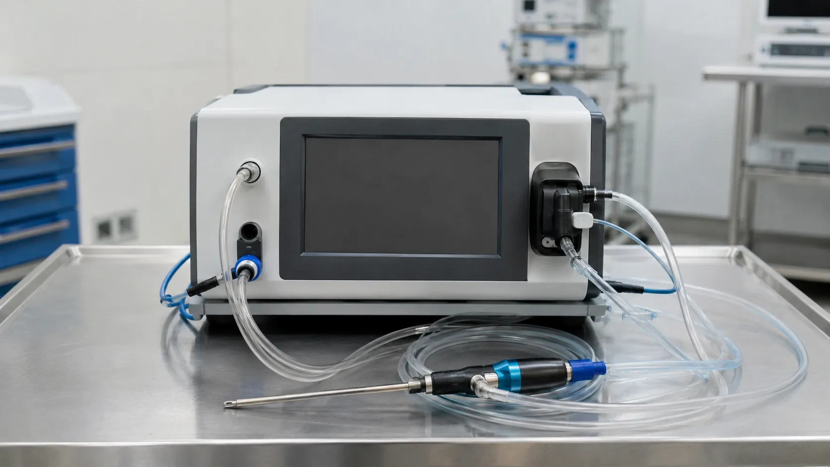Surgeon using a microdebrider handpiece under endoscopic guidance to remove tissue during endoscopic