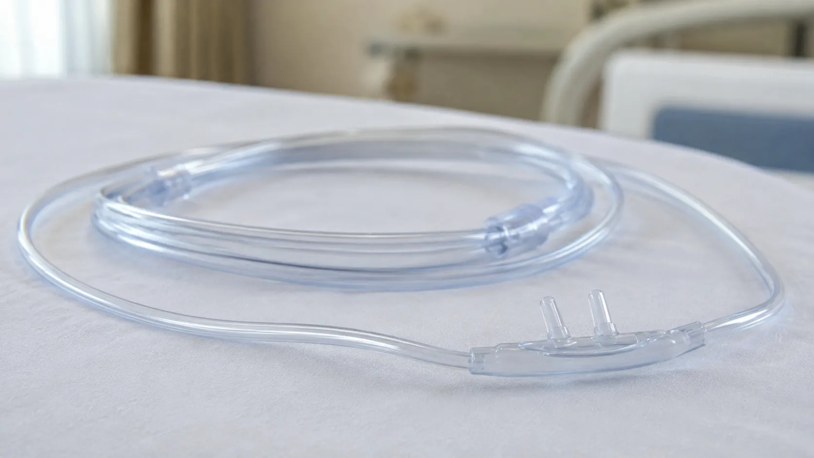 Soft dual-prong nasal cannula with over-ear tubing connected to a wall oxygen flowmeter on a hospita