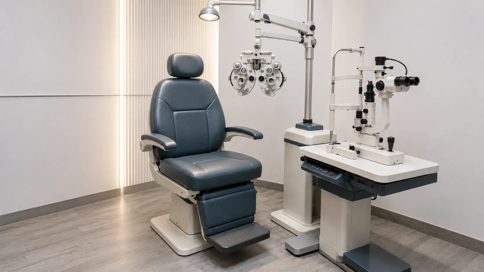 Ophthalmic refraction chair paired with a refraction unit and phoropter arm in an optometry test lan